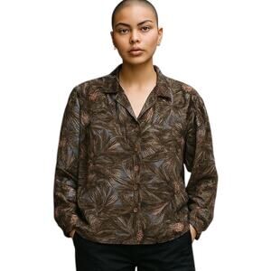 Over Star Vintage Palm Leaves Tropical Print Long‎ Sleeve Pineapple Shirt Size M